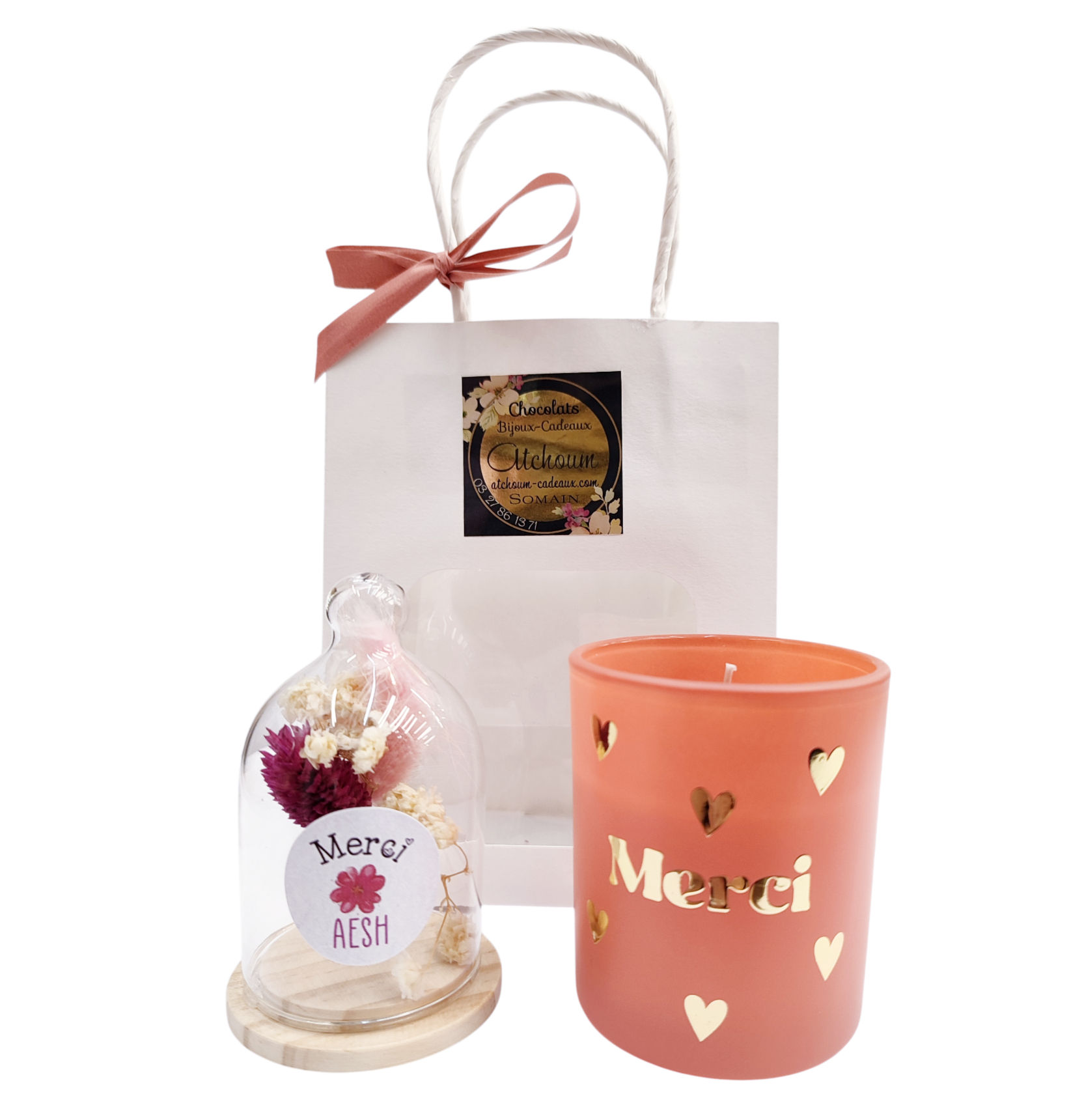 Sac cadeau + bougie Merci + cloche AESH