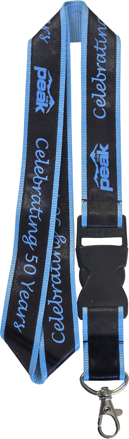 Pale blue polyester lanyard with a wide dark blue satin strip covering all down the lanyard. Only a small strip of pale blue is featured down each edge. The dark satin is completmented with matching pale blue printed text and logo. A detachable buckle has been added to this lanyard.
