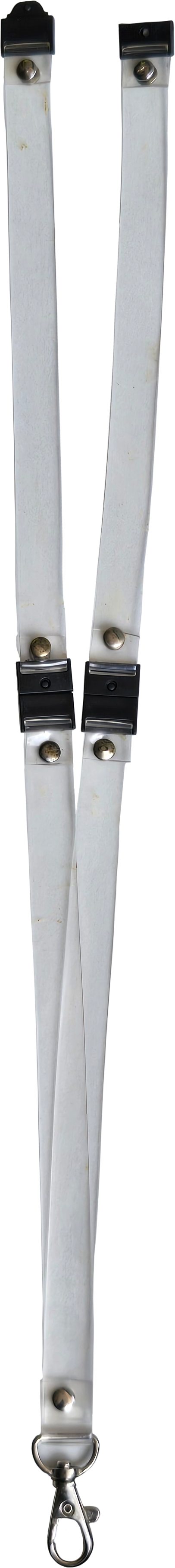 Clear vinyl lanyard with 3 safety breakaways. One at the neck and one on each long side of the lanyard, finished with a swivel dog clip.