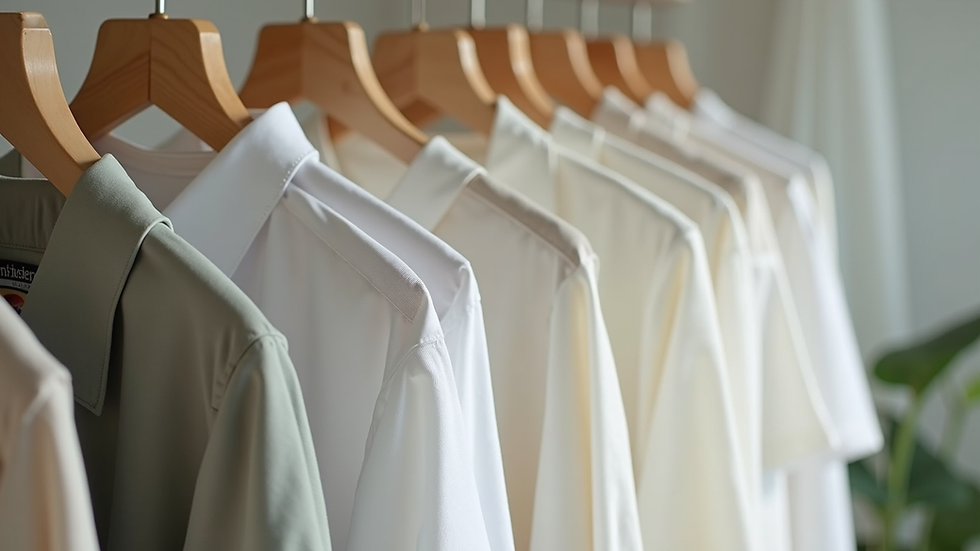 Eye-level view of a clothing rack with eco-friendly cotton shirts hanging neatly