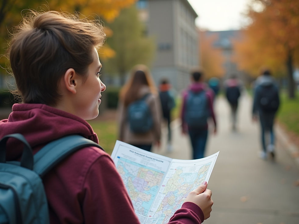 A child navigates a school campus with a map.