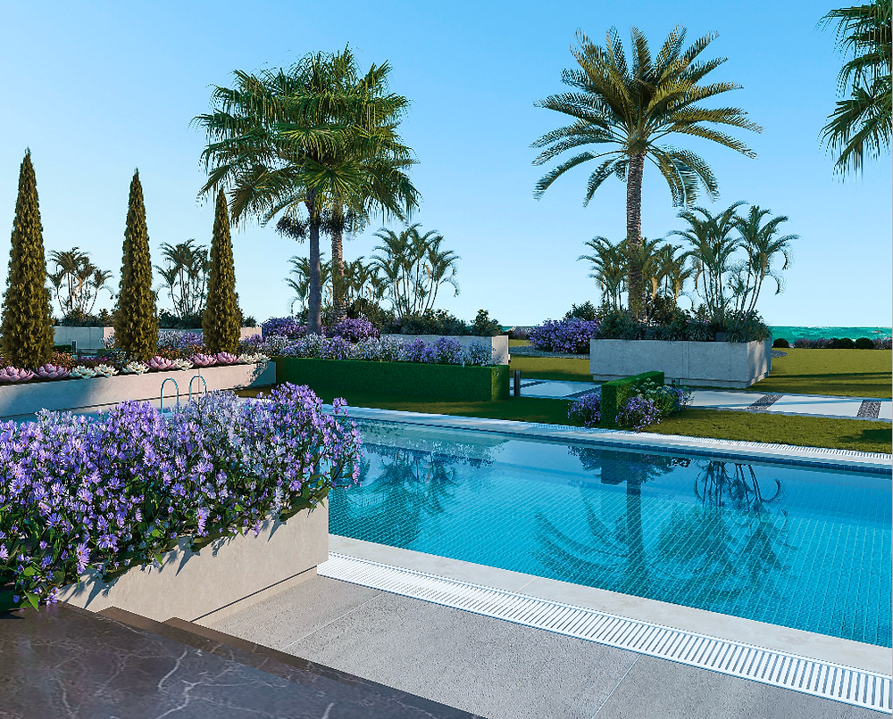 Resort-style swimming pool with palm trees and landscaped garden in Hurghada sea view development