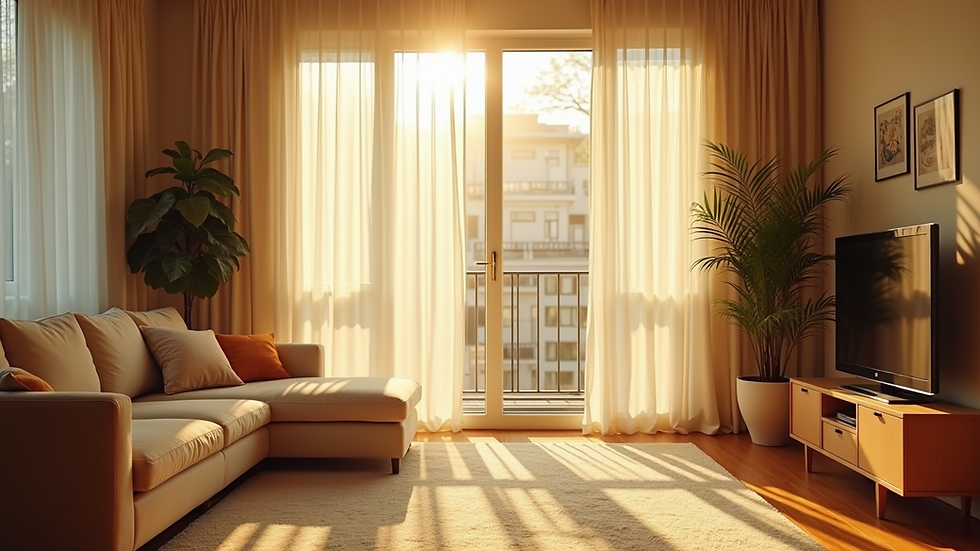 High angle view of sunny living room with window films
