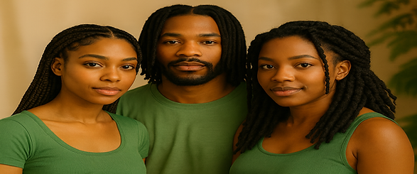 Diverse group of people with braids and locs, representing NKAYLA's scalp therapy for protective styles community. Two Black women and 1 Black Man with long braids and locs