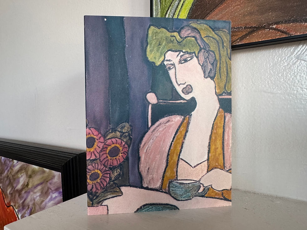 Thumbnail: Card of woman with green hair and pink dressing gown drinking a cup of tea, on mantle with colors behind