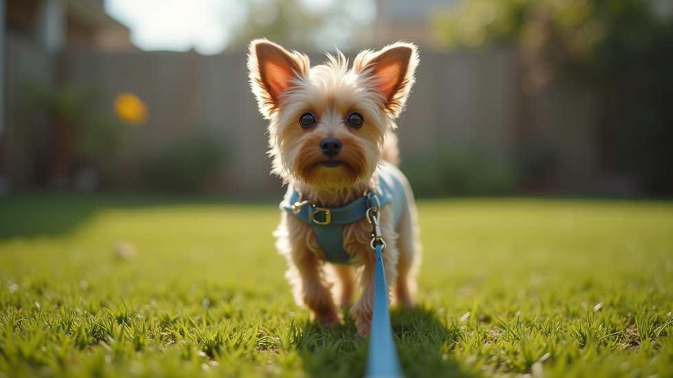 Eye-level view of a teacup Yorkie on a leash in a backyard