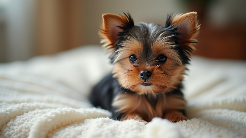 Close-up view of a mini Yorkie puppy sitting on a soft blanket