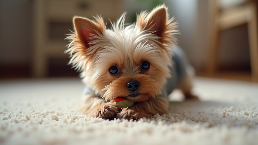 Eye-level view of a teacup Yorkie playing with a small toy on a soft rug