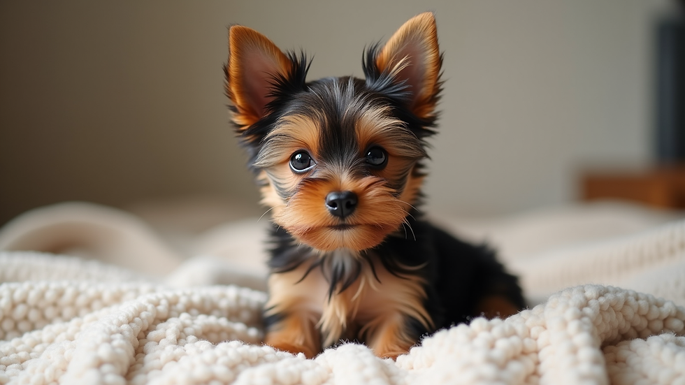 Close-up view of a Mini Yorkie puppy sitting on a soft blanket