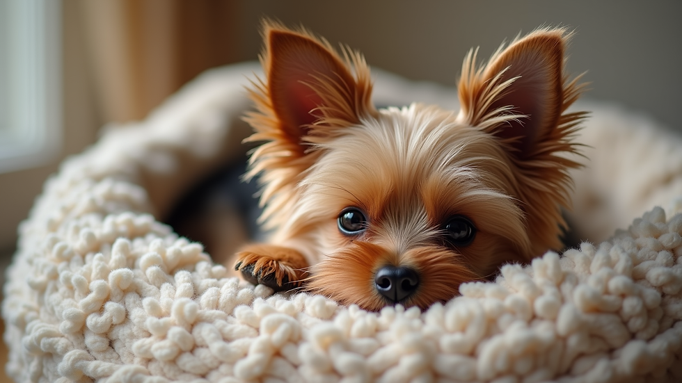 Eye-level view of a teacup Yorkie outside on grass during potty training