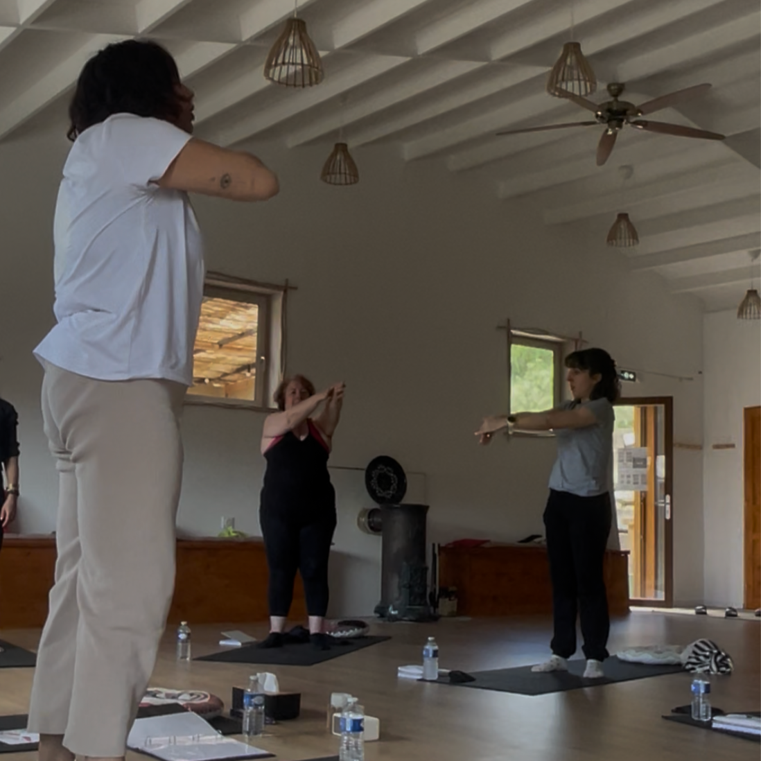 Alicia présente un exercice de kinésiologie aux participantes d'un atelier de groupe.
