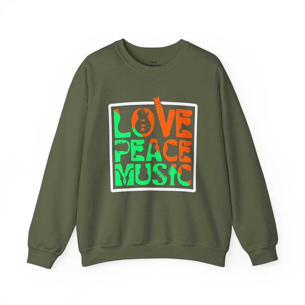 Thumbnail: a sweatshirt with bold text on the front the reads Love Peace Music