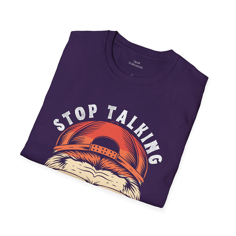 Thumbnail: a gildan softstyle t-shirt with a monkey and text on the front that reads "stop talking"