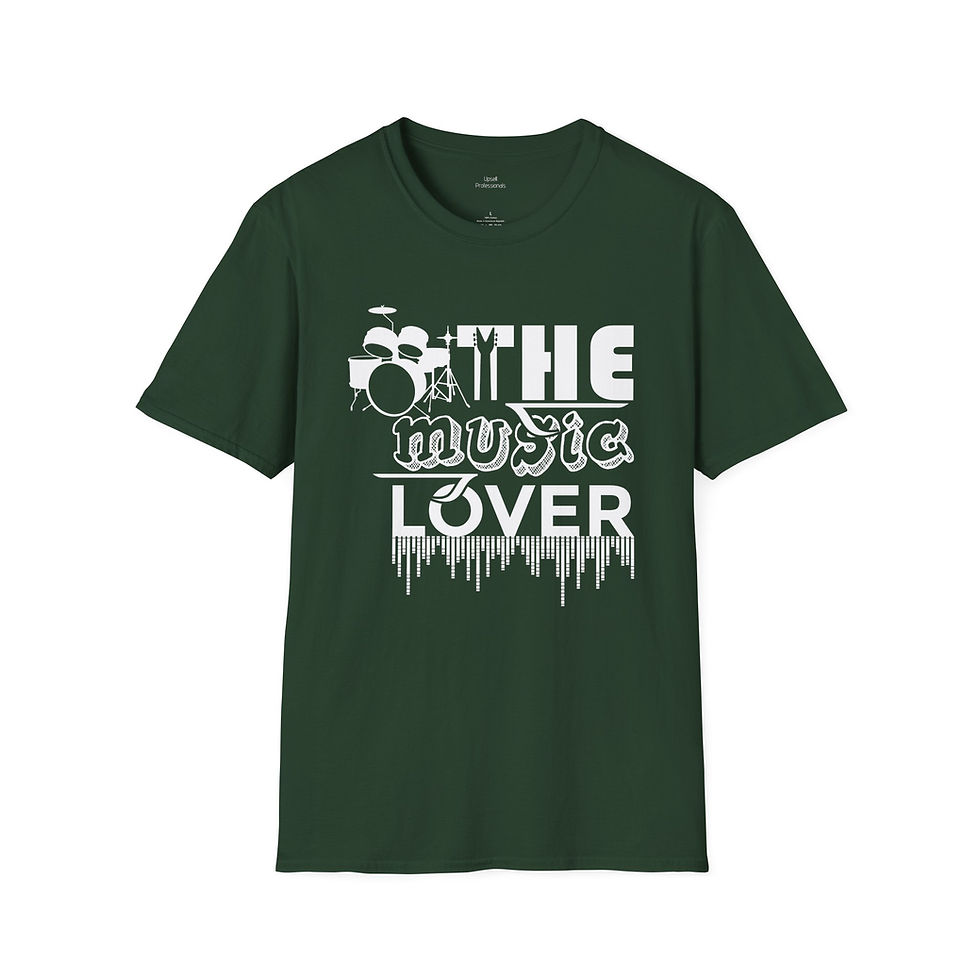 Thumbnail: a gildan softstyle t-shirt with the text written on the front "the music lover"