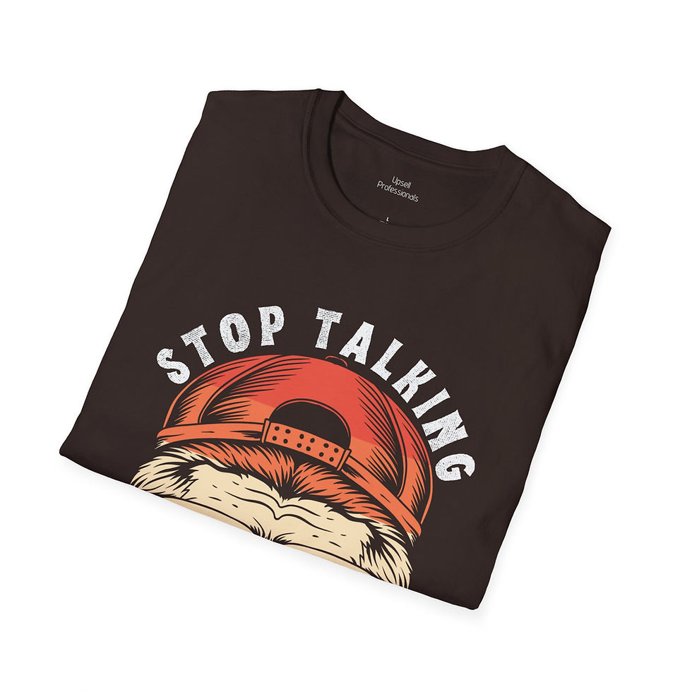 Thumbnail: a gildan softstyle t-shirt with a monkey and text on the front that reads "stop talking"