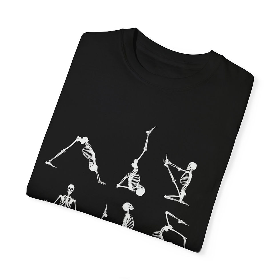 a black t-shirt with skeletons doing yoga