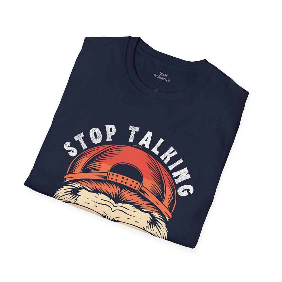 a gildan softstyle t-shirt with a monkey and text on the front that reads "stop talking"