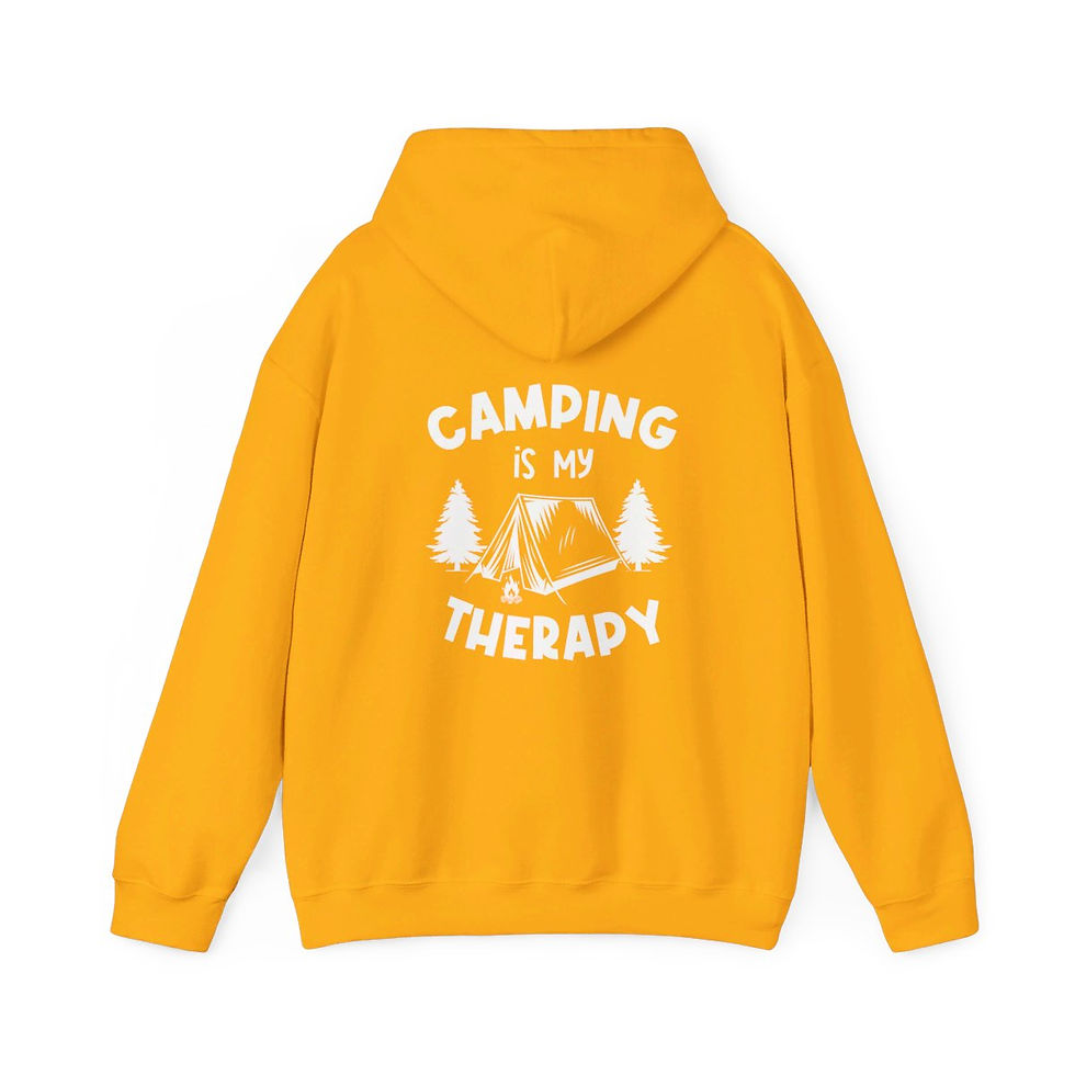 Thumbnail: a pullover sweatshirt with a camping tent on the back and text that reads "Camping Therapy"