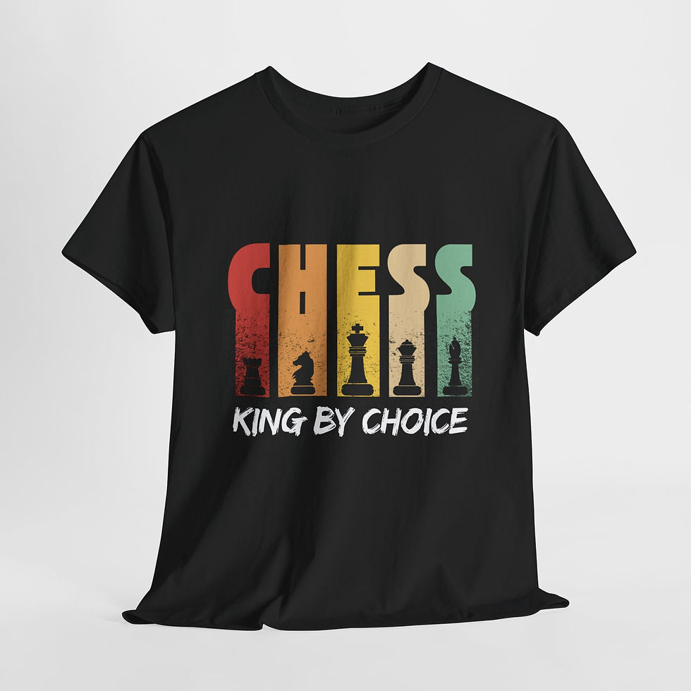 black t-shirt with the text on the front that reads "chess king by choice"