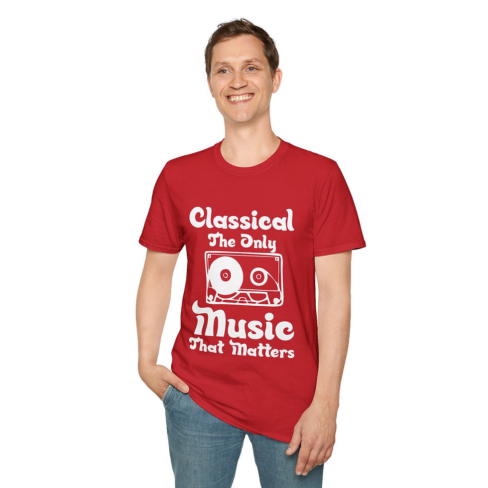 a red t-shirt with the text "Classical Music" on the front