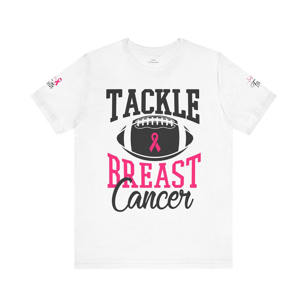 Thumbnail: A t-shirt with an American football on the front and text that reads "Tackle Breast Cancer"