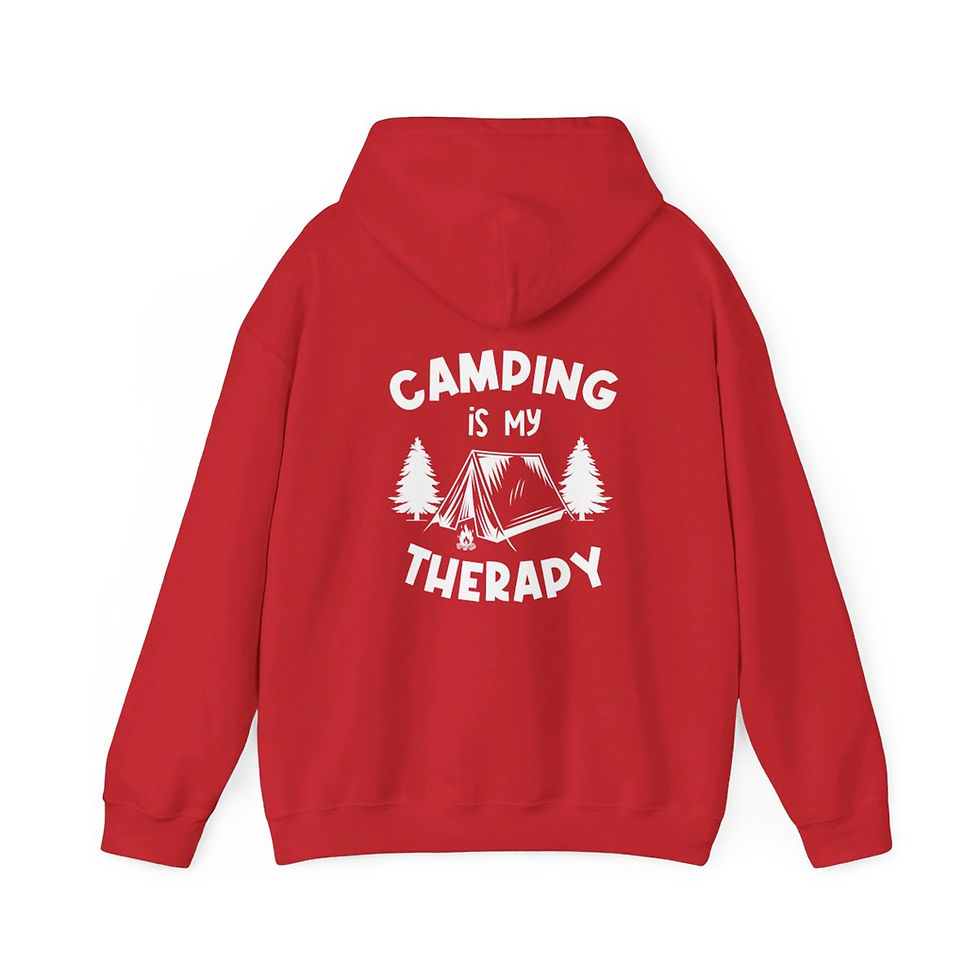 Thumbnail: a pullover sweatshirt with a camping tent on the back and text that reads "Camping Therapy"
