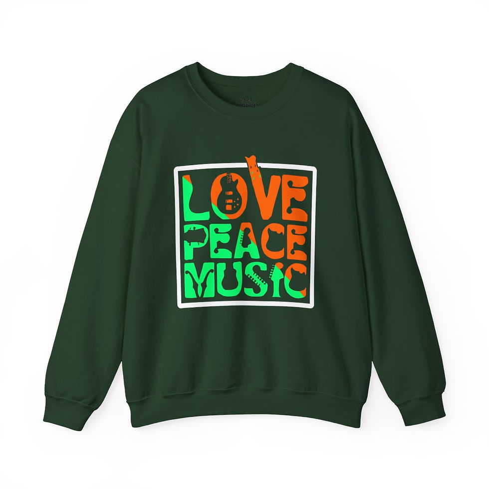 Thumbnail: a sweatshirt with bold text on the front the reads Love Peace Music