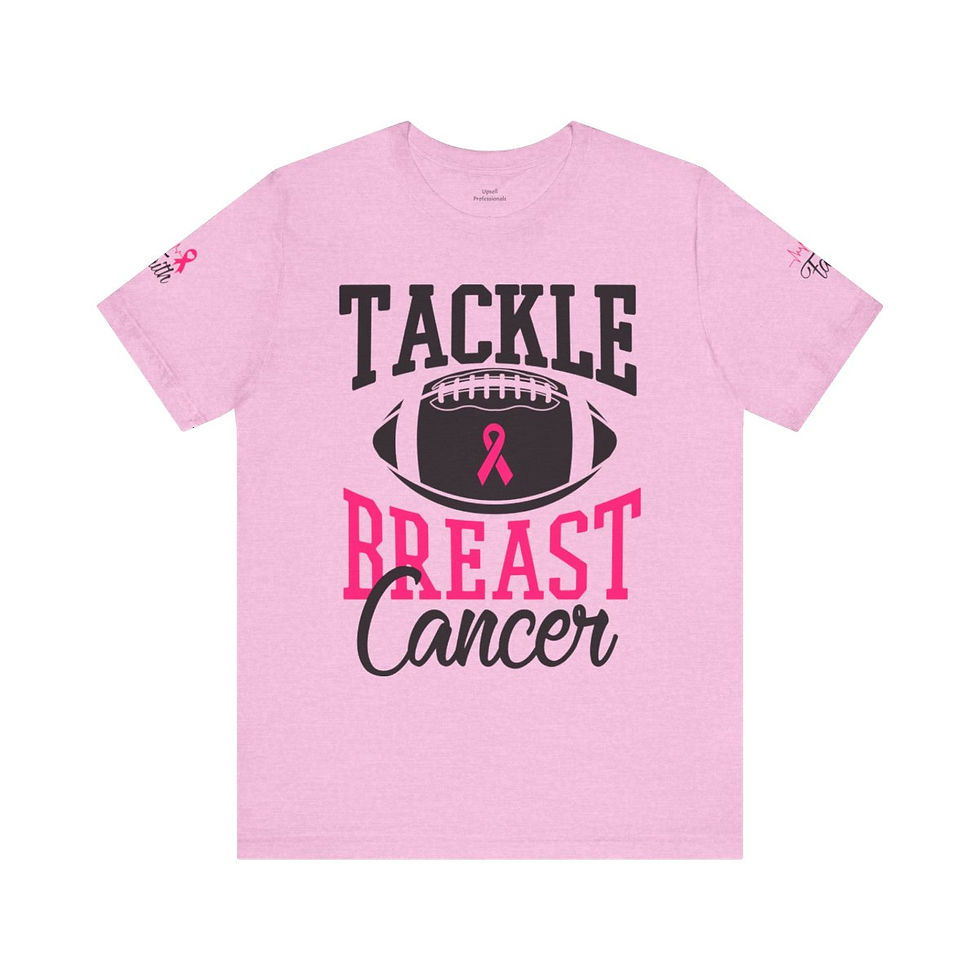 Thumbnail: A t-shirt with an American football on the front and text that reads "Tackle Breast Cancer"