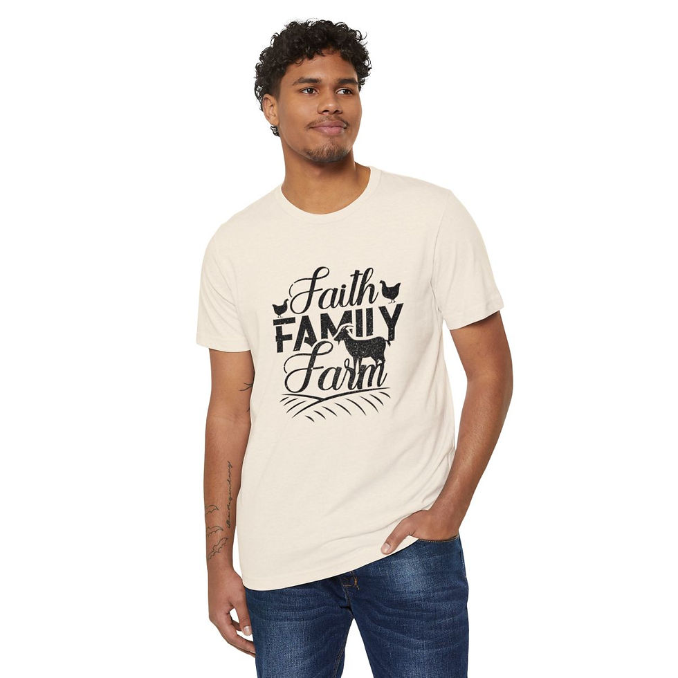 organic cotton t-shirt that reads "faith, family, farm"