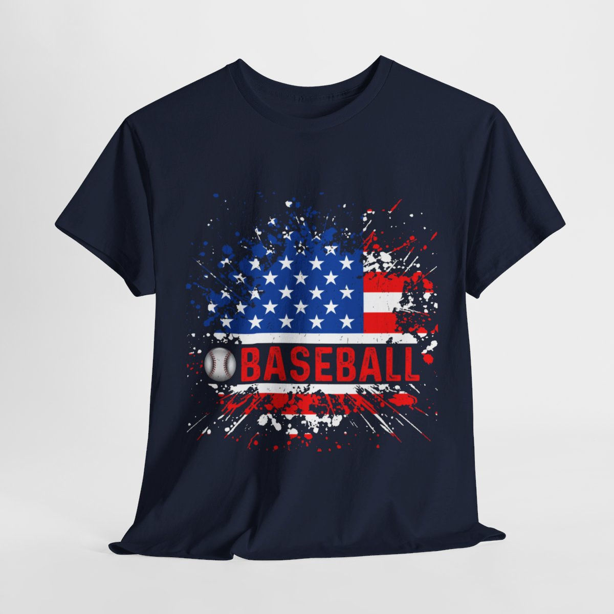 A shirt with the phrase "Baseball" printed in bold letters on the front with the American Flag
