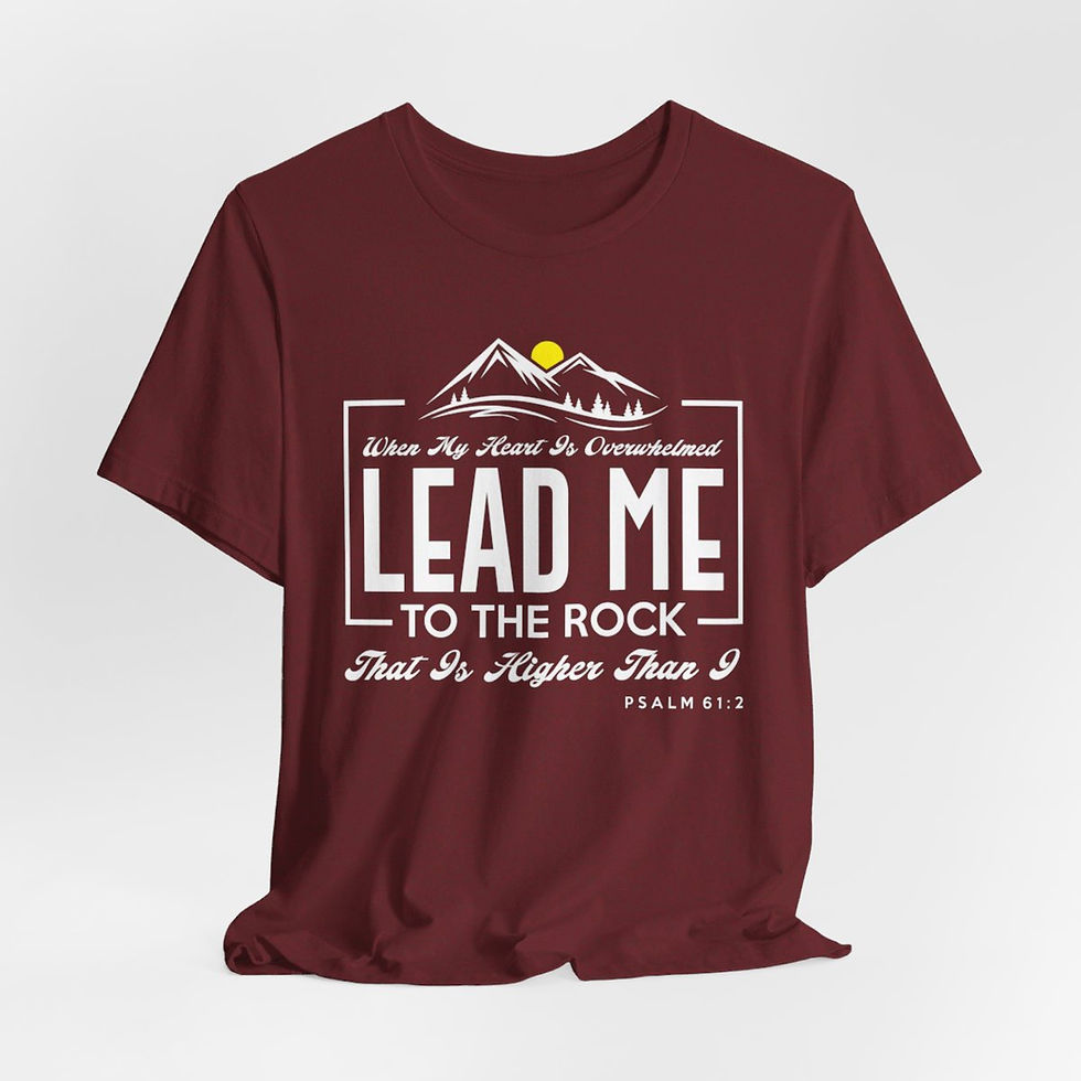 Thumbnail: a t-shirt with a mountain and Christian text that reads "Lead me to the Rock"