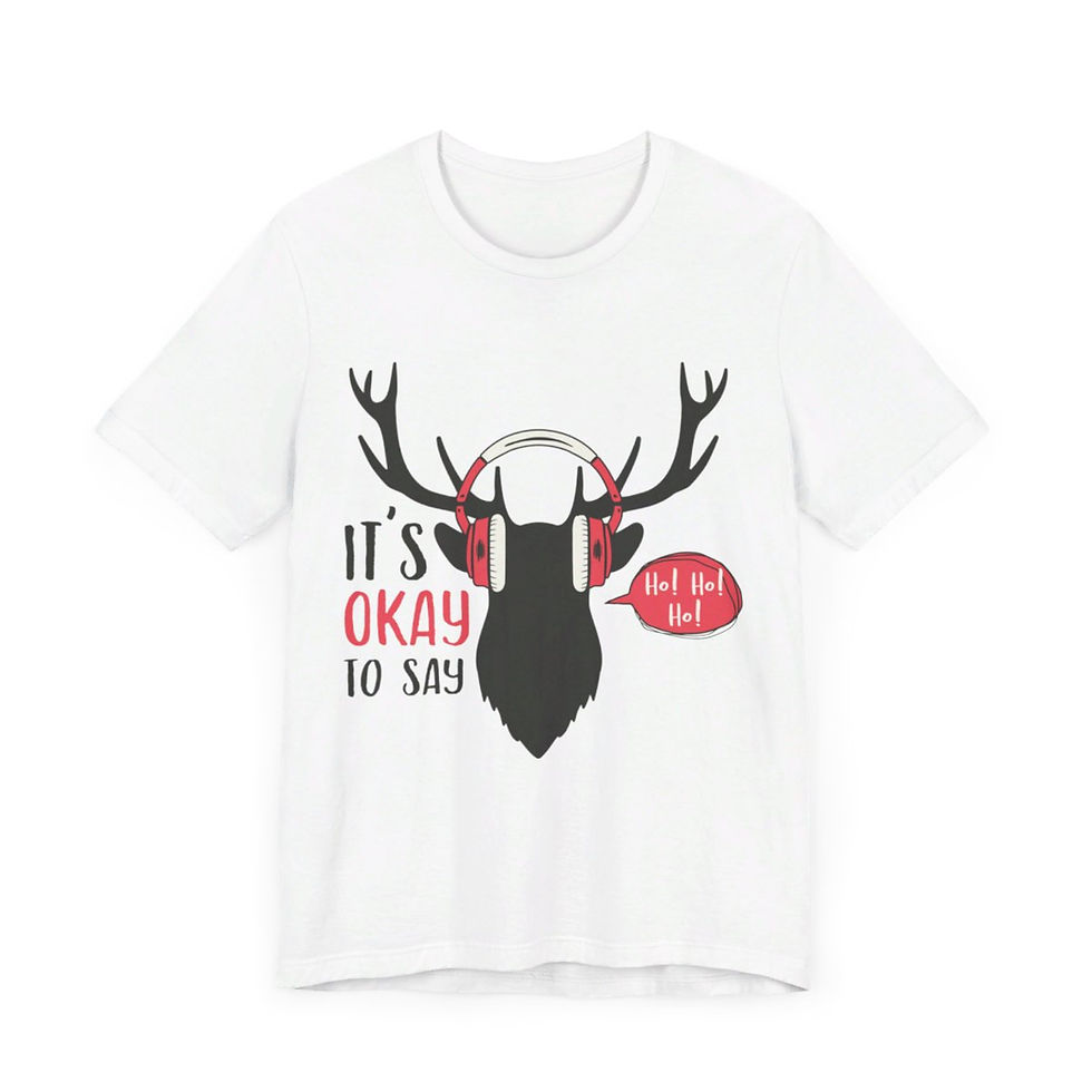 Thumbnail: A christmas inspired t-shirt with a moose wearing headphones and text that reads "It's ok to say ho ho ho"