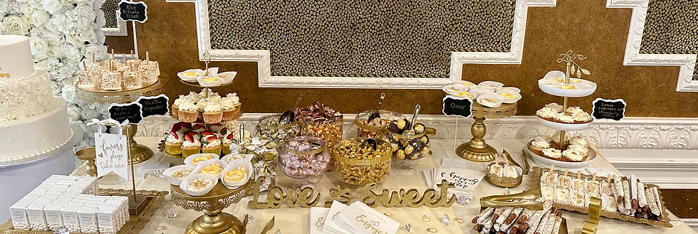 Luxury dessert table display with handcrafted chocolate treats, cupcakes, cake pops, and sweets styled for a wedding or special event in Montclair, NJ.
