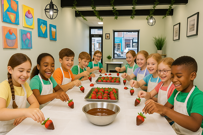 Kids attending Stuff by SJ Be the Maker single-day baking camp in Montclair, NJ, decorating treats and learning baking skills during a school-closed day camp.