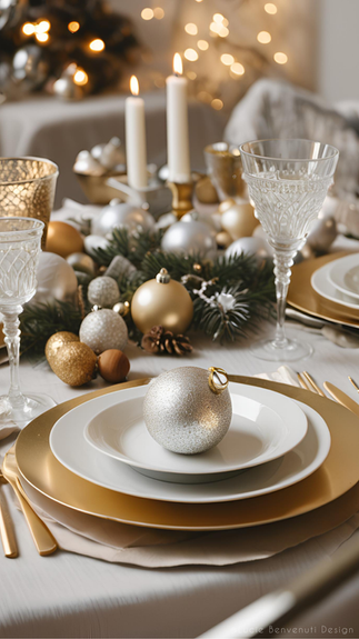 Décoration de table de noël dans des tons blanc, argenté et doré