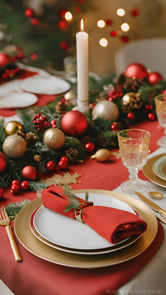 Décoration de table de noël dans des tons rouge, vert et doré
