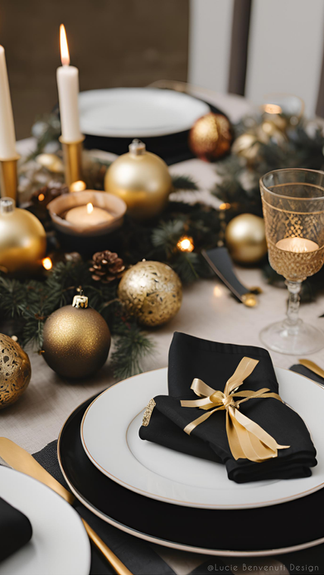 Décoration de table de noël dans des tons noir et doré
