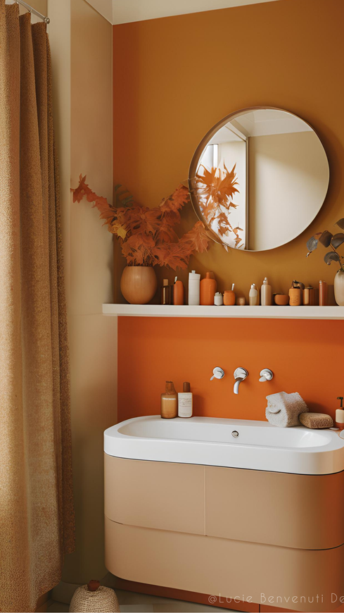 Une salle de bain rétro dans des tons orange.