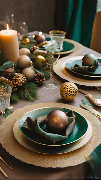 Décoration de table de noël dans des tons vert émeraude, marron et doré