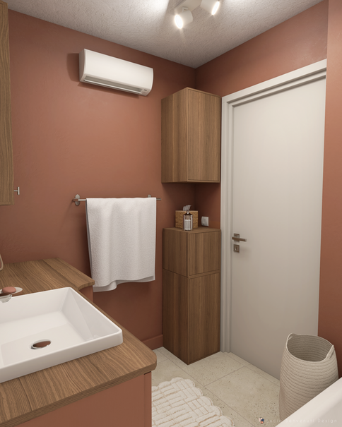 Une salle de bain terracotta et beige avec des murs en peinture terracotta, un carrelage blanc à relief et du bois noyer.