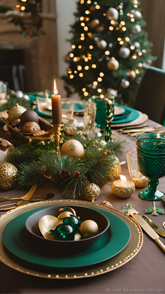 Décoration de table de noël dans des tons vert émeraude, marron et doré