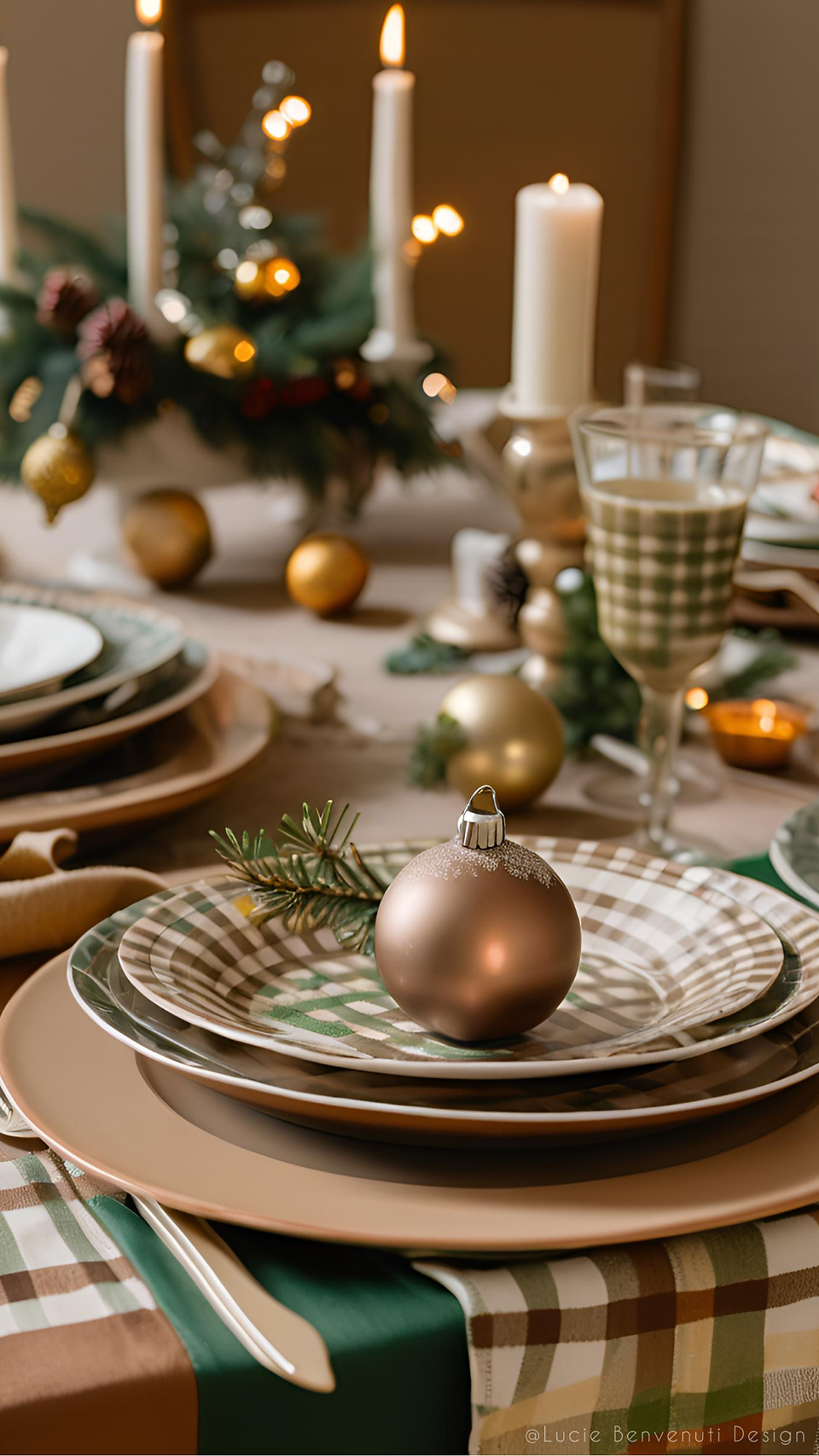 Décoration de table de noël dans des tons marron, vert et doré