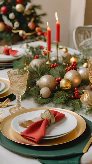 Décoration de table de noël dans des tons rouge, vert et doré