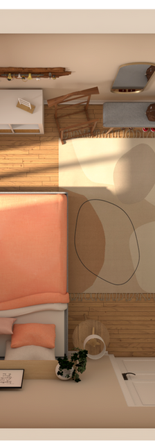 Chambre avec grand lit rose peche 