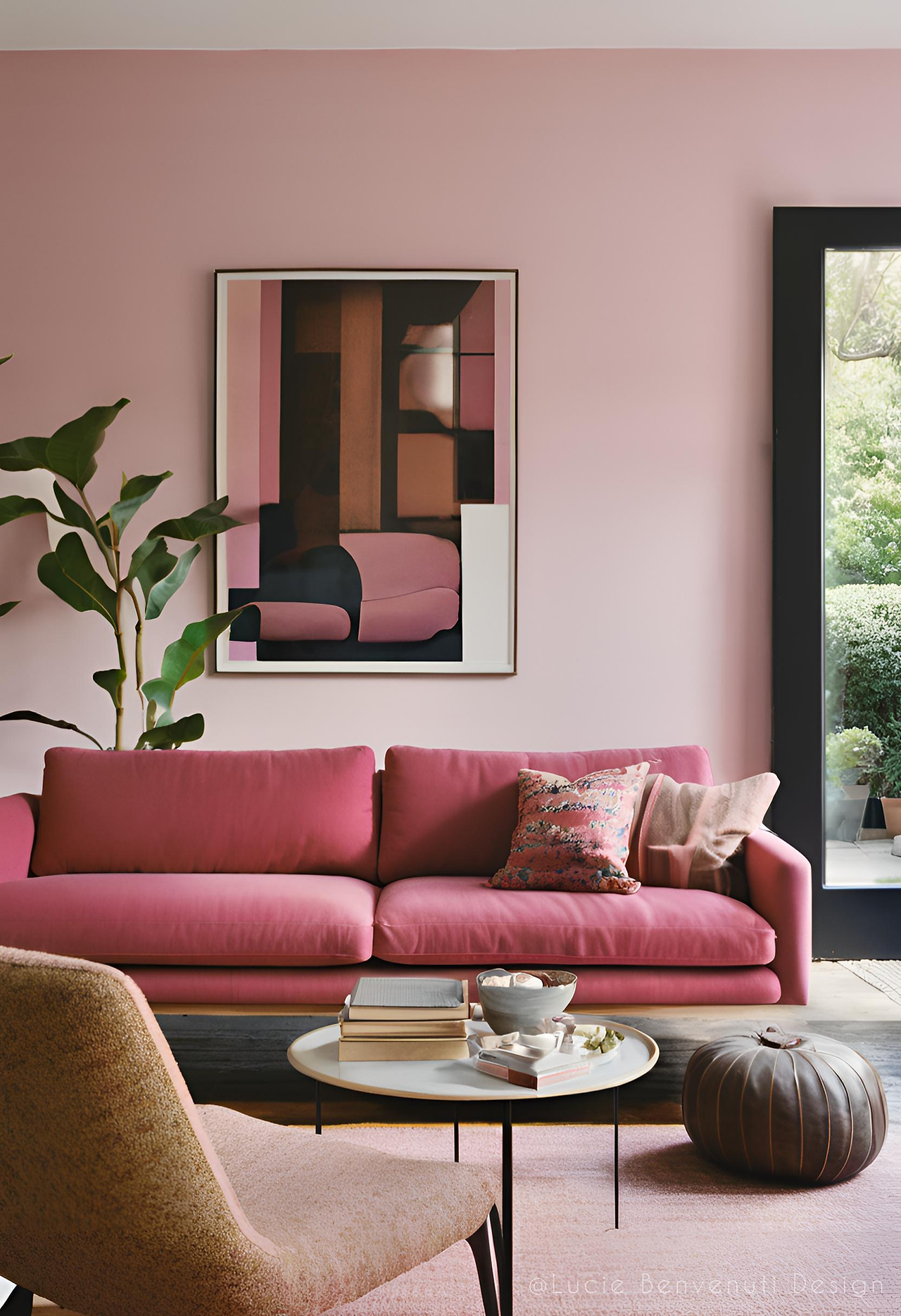 Un salon contemporain dans des tons rose et violet, avec un canapé violet rose, un fauteuil jaune vieillit, un pouf marron, un tapis rose, des murs rose, une plante, une table basse blanche et noire.
