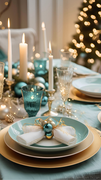 Décoration de table de noël dans des tons vert d'eau, turquoise, blanc et doré