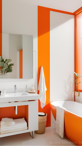 Une salle de bain orange avec une baignoire orange.