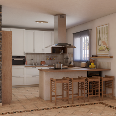 Une cuisine dans des tons blanc et bois avec un agencement en U.