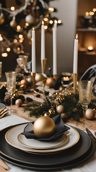 Décoration de table de noël dans des tons noir et doré