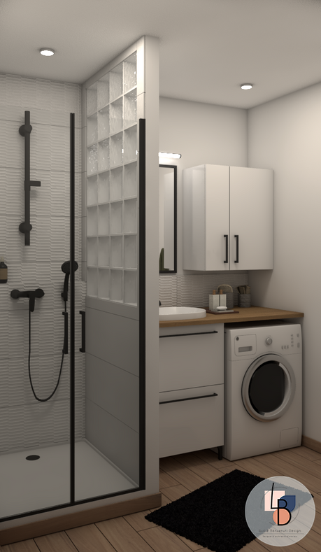 Salle d'eau avec machine à laver blanc noir et bois